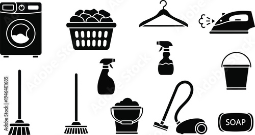 Cleaning Silhouette Icons Flat Vector Laundry Set