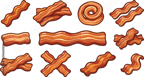 Crispy bacon strips vector illustration set with fried pork rashers, curled bacon slices and grilled breakfast meat isolated food elements