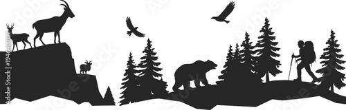 Silhouettes of mountain goats, bear, birds, trees, and a hiker in a snowy forest landscape