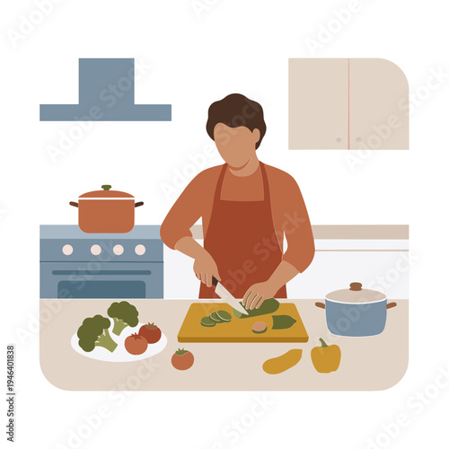 Woman preparing healthy meal with vegetables in modern kitchen interior
