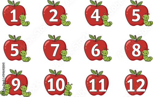 Cute apple numbers vector illustration with caterpillar worms counting from one to twelve educational math learning icons for kids