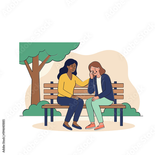 Two women sitting on a park bench with one comforting the other