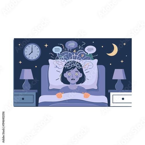 Woman lies awake in bed at night with thoughts racing through her mind