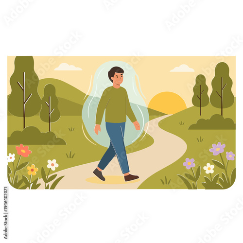 Man walks on a winding path through a serene landscape with trees flowers and sunset