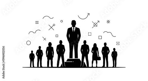 Businessman standing on a podium leading.