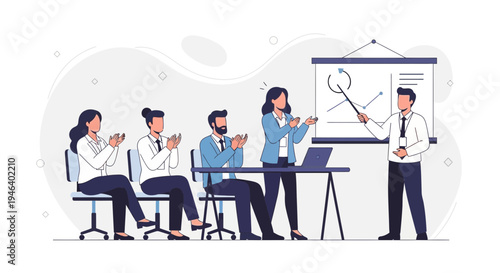 Business meeting presentation success, team applauding speaker at whiteboard with charts
