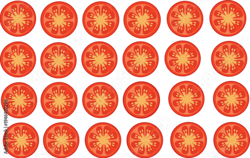 Fresh tomato slice pattern vector illustration with repeating red tomato cross sections, vegetable food background design isolated on white
