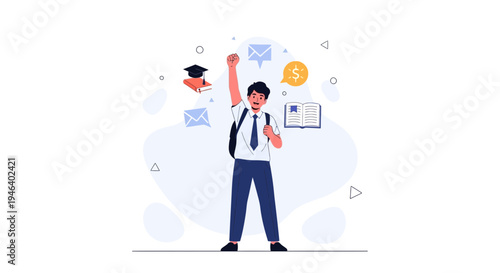 Student celebrates academic success with graduation cap, book, and money symbols