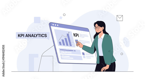 Woman analyzing KPI analytics dashboard on a computer screen, business growth concept