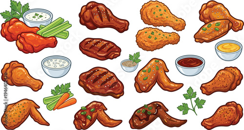 Fried chicken and grilled wings vector illustration set with crispy drumsticks, chicken wings, dipping sauces and fast food meal elements