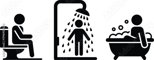 Three black showing a person sitting on a toilet, showering, and taking a bath white