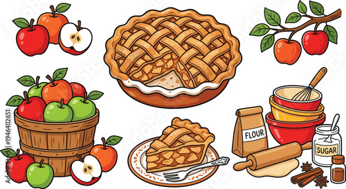 Homemade apple pie vector illustration set with lattice crust pie, fresh apples, baking ingredients, flour, sugar, rolling pin and dessert slice
