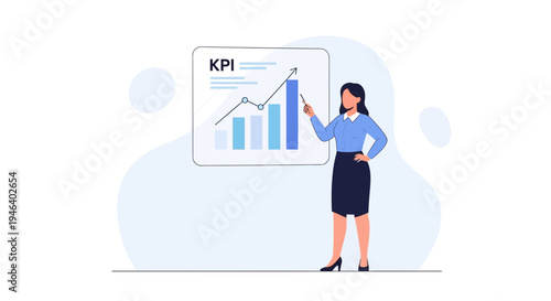 Businesswoman presenting KPI growth chart with rising bars and line graph.