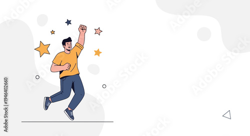 Man Jumping for Joy with Stars and Abstract Shapes, Celebrating Success