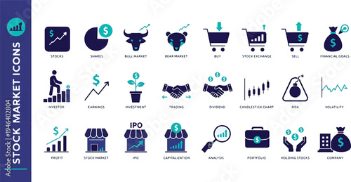 Stock market icon set. Containing stocks, stock exchange, financial goal, shares, investment, bull market, bear market and investment icons.Vector illustration. Editable stroke