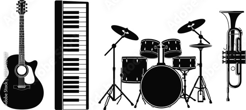 Black silhouette vector illustration of acoustic guitar, keyboard, drum set, and trumpet, symbolizing music, sound diversity, and creative performance design themes