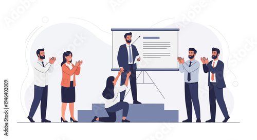 Successful business presentation with audience applause and admiration