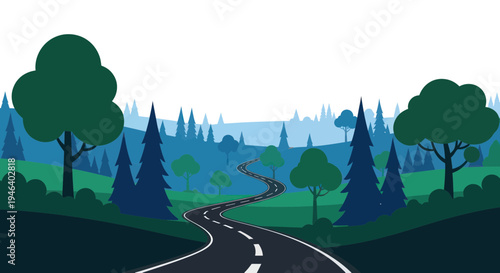 Winding Road Through a Stylized Forest Landscape with Hills and Trees