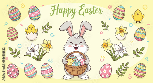 A delightful cartoon Easter bunny is surrounded by vibrantly colored eggs, charming chicks, and beautiful spring flowers.
