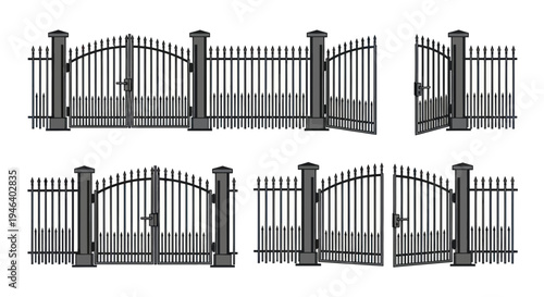 Wrought Iron Fence Gate Set with Pillars - Open and Closed Views
