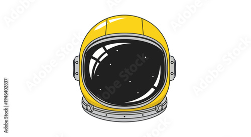 Yellow astronaut helmet with reflection of stars and galaxy on white background