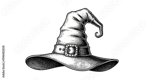 Witch Hat Illustration - Vintage Style Drawing with Buckle