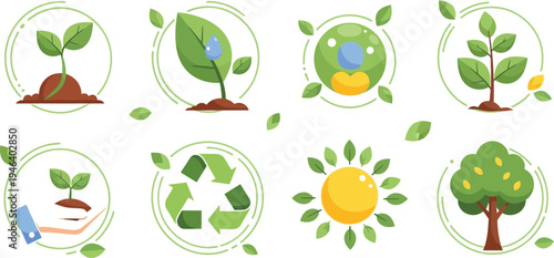 Collection of eight green environmental icons representing nature conservation gardening ecology sustainability and recycling concepts