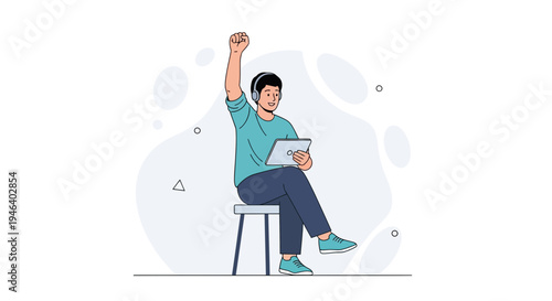 Man with headphones and tablet celebrating success, sitting on a stool with raised fist