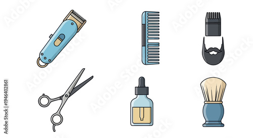 Barber Tools Collection: Clippers, Scissors, Comb, Beard Trimmer, Oil, Brush