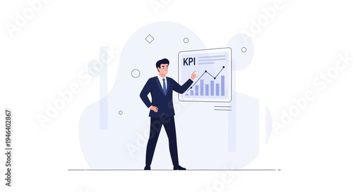 Businessman presenting KPI chart with rising graph and bar chart on whiteboard