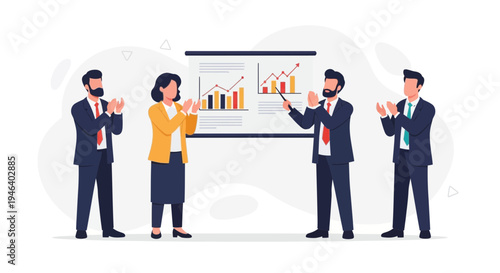 Business team applauding during a presentation with financial charts on screen