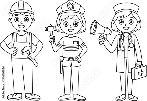 Three children dressed as construction worker police officer and nurse holding tools and first aid kit in black and white