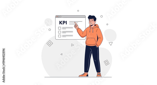 Man pointing at KPI list on screen, business success concept illustration