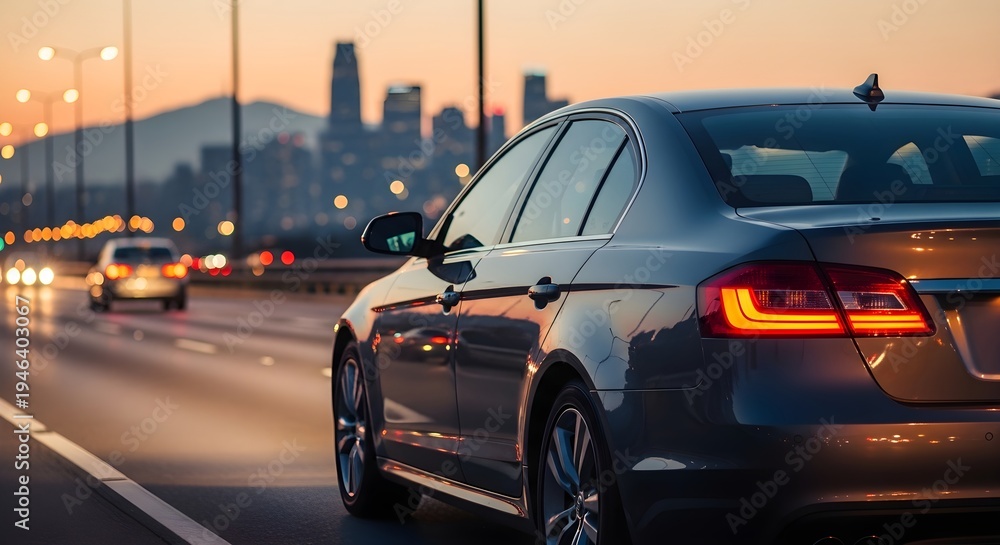 Fototapeta premium Modern Sedan Driving on a Highway with City Skyline at Sunset in the Distance