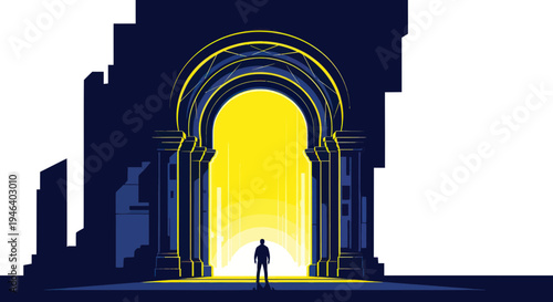 Man standing in front of a glowing portal archway, looking towards bright light.