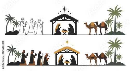 Nativity Scene with Three Wise Men, Camels, and Palm Trees