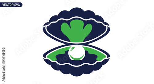 Open Seashell with Pearl and Green Interior, Vector Illustration
