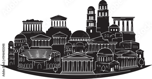 Roman ancient cityscape with various historical buildings and monuments in silhouette