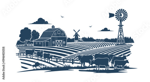 Rural Farm Landscape with Cows, Barn, Windmills, and Fields, Blue Silhouette