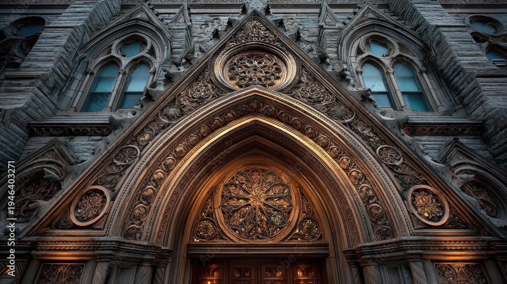 Fototapeta premium Intricate Gothic Facade Archway with Ornate Carvings at Entrance