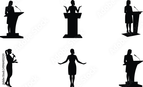 Six black silhouette figures of women speaking at podiums and gesturing in different poses