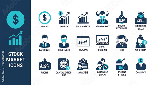 Stock market icon set. Containing stocks, stock exchange, financial goal, shares, investment, bull market, bear market and investment icons.Vector illustration. Editable stroke