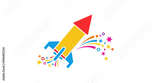 Colorful Toy Rocket Ship Blasting Off.