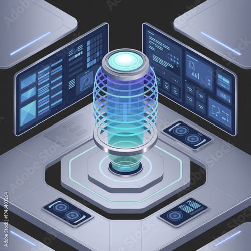 Futuristic control room with glowing cylindrical energy core