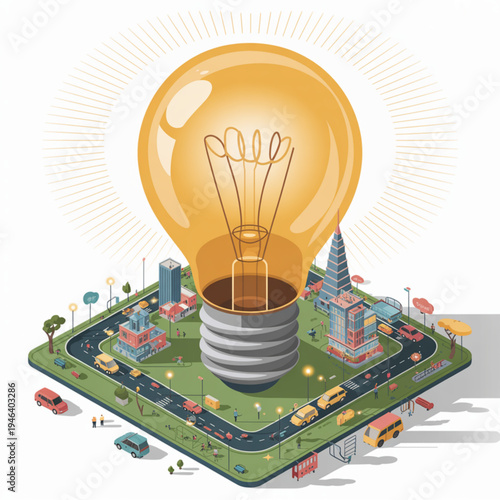 Giant light bulb illuminates isometric city with cars and people