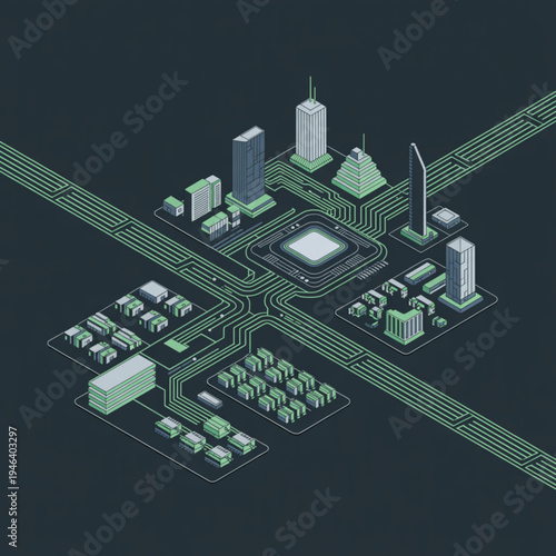 Isometric circuit board city with skyscrapers and data pathways