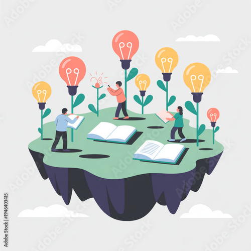 People on floating island with growing light bulbs and books