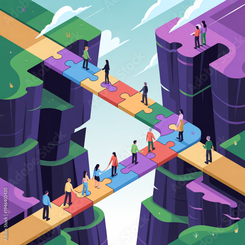 People crossing chasms on colorful puzzle piece bridges