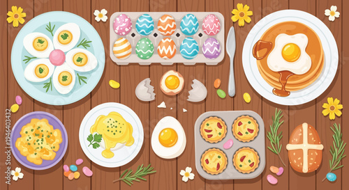 A delightful Easter breakfast spread features decorated eggs, deviled eggs, pancakes, and various egg-based dishes on a rustic wooden table.