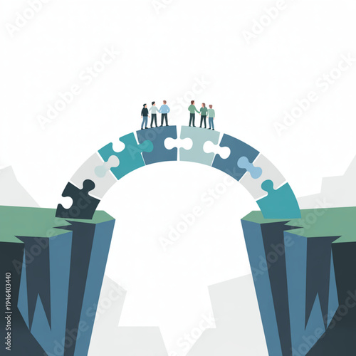 People shaking hands on a puzzle bridge over a chasm